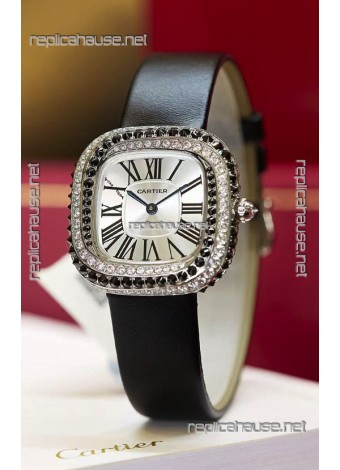 Coussin De Cartier Steel Watch Swiss Replica Watch Black Strap 