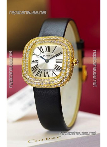 Coussin De Cartier Yellow Gold Swiss Replica Watch Black Strap 