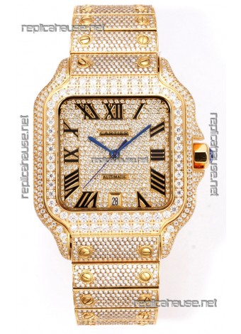 Cartier "Santos De Cartier" Yellow Gold W/ Diamonds Roman Dial 1:1 Mirror Replica - 40MM - Genuine Diamonds