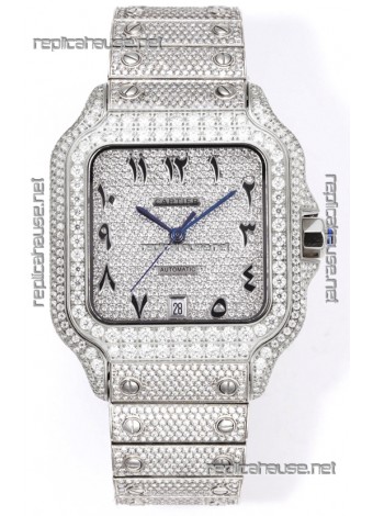 Cartier "Santos De Cartier" Stainless Steel W/ Diamonds Arabic Dial 1:1 Mirror Replica - 40MM - Genuine Diamonds