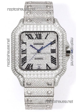 Cartier "Santos De Cartier" Stainless Steel W/ Diamonds Roman Dial 1:1 Mirror Replica - 40MM - Genuine Diamonds