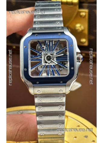 Santos De Cartier Super Clone Watch in Skeleton Dial Brushed Steel Casing Watch 