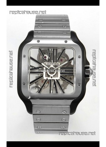 Santos De Cartier Super Clone Watch in Skeleton Dial Brushed DLC Coated Steel Casing Watch 