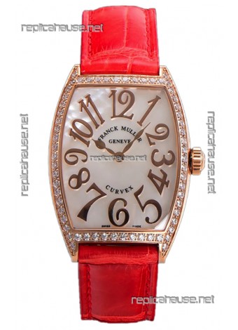 Franck Muller Cintree Curvex Mother of Pearl Dial Watch in Rose Gold Plating - Red Strap 