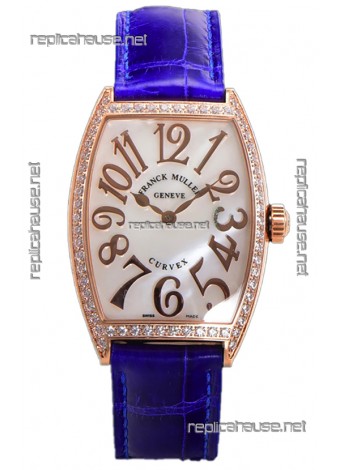 Franck Muller Cintree Curvex Mother of Pearl Dial Watch in Rose Gold Plating - Purple Strap 