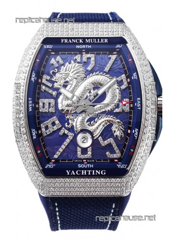 Franck Muller Vanguard Yachting Dragon V45 Blue Dial in Diamonds Bezel Swiss Replica