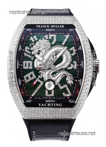 Franck Muller Vanguard Yachting Dragon V45 Green Dial in Diamonds Bezel Swiss Replica