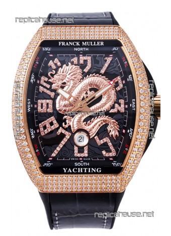 Franck Muller Vanguard Yachting Dragon V45 Black Dial in Gold Diamonds Bezel Swiss Replica