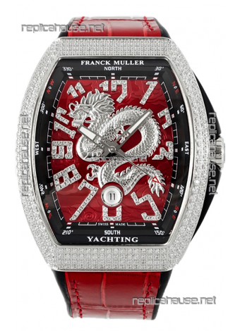 Franck Muller Vanguard Yachting Dragon V45 Red Dial in Gold Diamonds Bezel Swiss Replica
