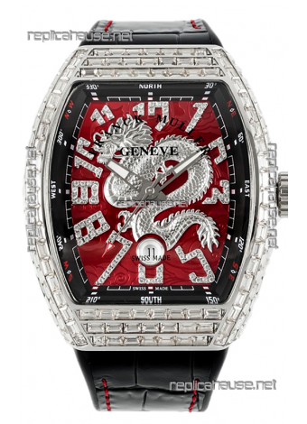 Franck Muller Vanguard Yachting Dragon V45 Red Dial in Square Diamonds Bezel Swiss Replica