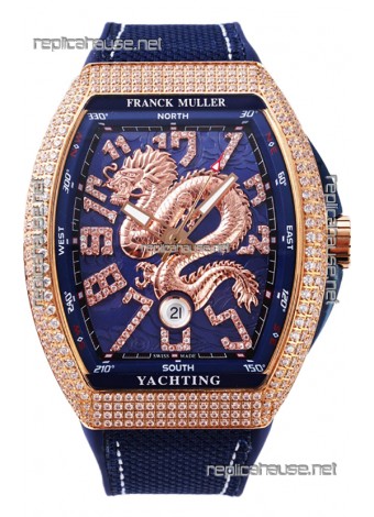 Franck Muller Vanguard Yachting Dragon V45 Blue Dial in Gold Diamonds Bezel Swiss Replica