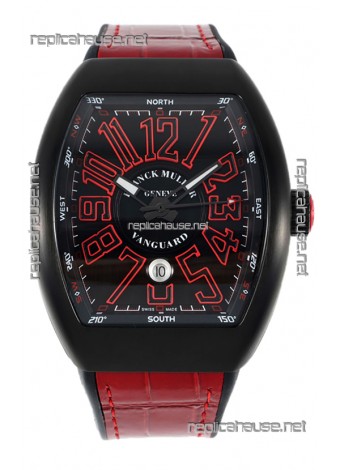 Franck Muller Vanguard in DLC Coated Casing Black Dial Swiss Replica Red Strap 