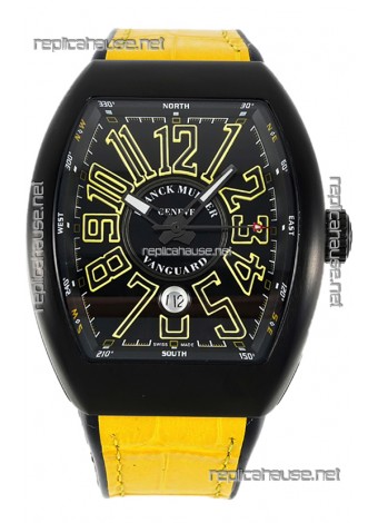 Franck Muller Vanguard in DLC Coated Casing Black Dial Swiss Replica Yellow Strap 