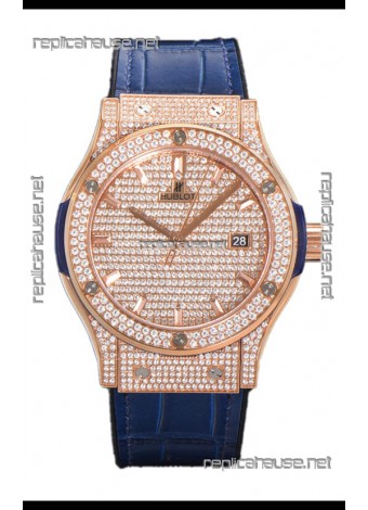 Hublot Classic Fusion Automatic Rose Gold Diamonds Paved Dial Blue Strap 42MM Superclone Replica Watch 