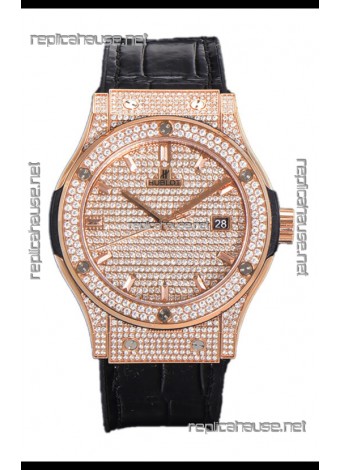 Hublot Classic Fusion Automatic Rose Gold Diamonds Paved Dial Black Strap 42MM Superclone Replica Watch 