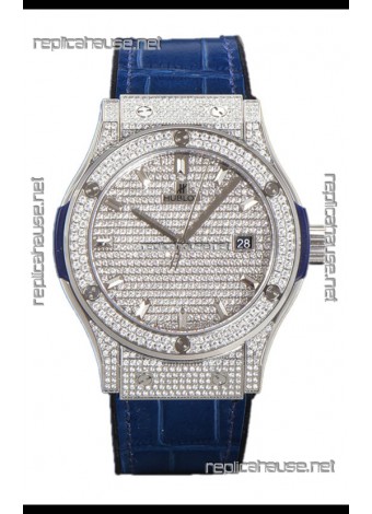 Hublot Classic Fusion Automatic Steel Diamonds Paved Dial Blue Strap 42MM Superclone Replica Watch 