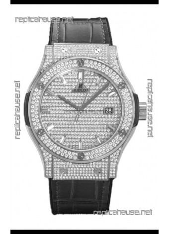 Hublot Classic Fusion Automatic Steel Diamonds Paved Dial Grey Strap 42MM Superclone Replica Watch 