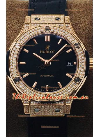 Hublot Classic Fusion Diamonds Rose Gold Black Dial 38MM Swiss Replica Watch 1:1 Mirror Quality