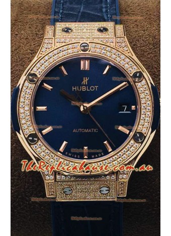 Hublot Classic Fusion Diamonds Rose Gold Blue Dial 38MM Swiss Replica Watch 1:1 Mirror Quality