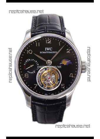 IWC Portugese Hand-Wound Genuine Tourbillon Black Dial Steel Casing Swiss Replica Watch 