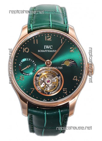 IWC Portugese Hand-Wound Genuine Tourbillon Green Dial Rose Gold Casing Swiss Replica Watch 