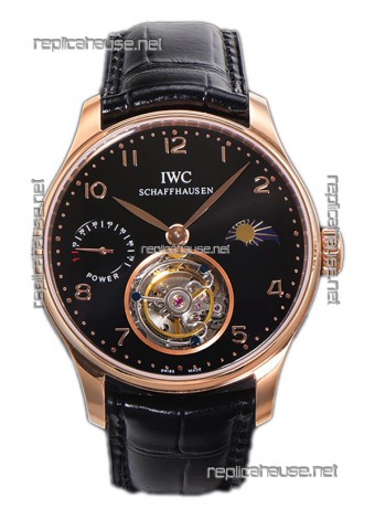 IWC Portugese Hand-Wound Genuine Tourbillon Black Dial Rose Gold Casing Swiss Replica Watch 