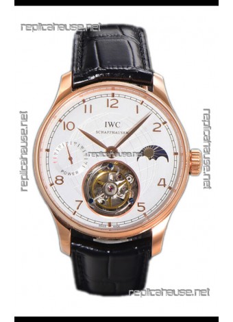 IWC Portugese Hand-Wound Genuine Tourbillon White Dial Rose Gold Casing Swiss Replica Watch 