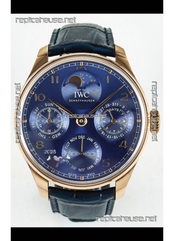 IWC Super Clone Portuguese Perpetual Calendar Rose Gold Blue Dial Replica Watch 