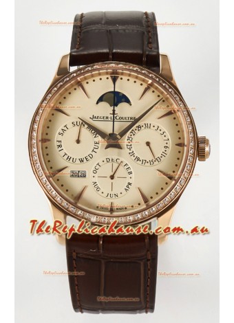 Jaeger LeCoultre Super Clone Master Ultra-Thin Perpetual Calendar Cream Dial Diamonds Bezel Watch
