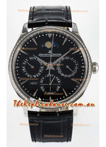 Jaeger LeCoultre Super Clone Master Ultra-Thin Perpetual Calendar Black Dial Diamonds Watch