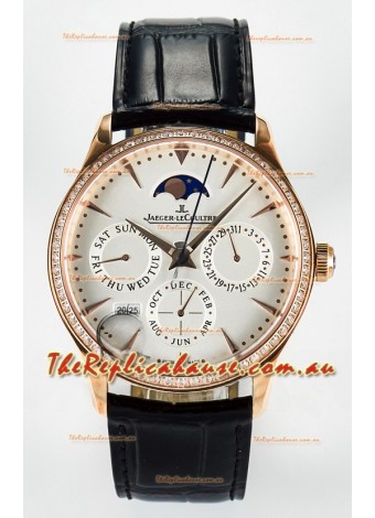 Jaeger LeCoultre Super Clone Master Ultra-Thin Perpetual Calendar White Dial Diamonds Bezel Watch