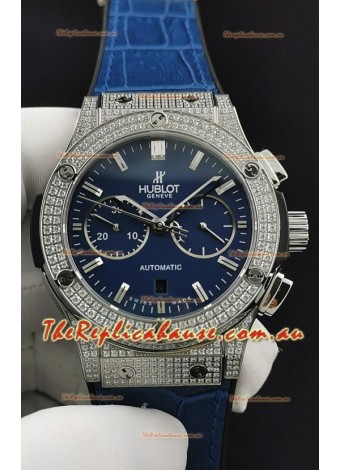 Hublot Classic Fusion Chronograph Steel Diamonds Casing Blue Dial 1:1 Mirror Replica Watch 