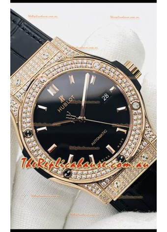 Hublot Classic Fusion Diamonds Rose Gold Black Dial Swiss Replica Watch 1:1 Mirror Quality 