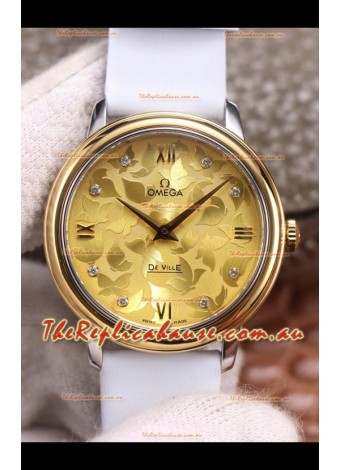 Omega De Ville Floral Dial Swiss Quartz Movement in Two Tone Casing - Gold Dial