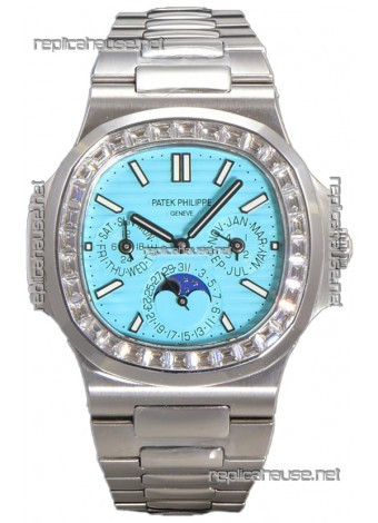 Patek Philippe Nautilus 5740 Perpetual Calendar White Gold Tiffany Dial Diamonds Bezel Swiss Replica Watch 