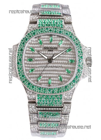 Patek Philippe Nautilus 7118R 35MM 1:1 Green Diamonds Paved Watch in Steel Casing 