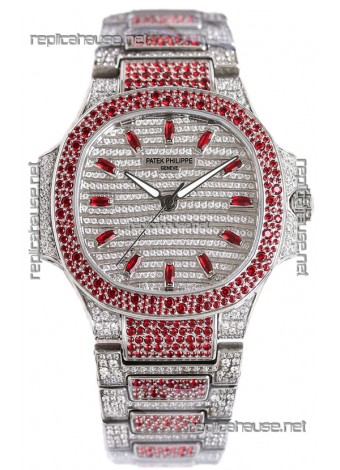 Patek Philippe Nautilus 7118R 35MM 1:1 Red Diamonds Paved Watch in Steel Casing 