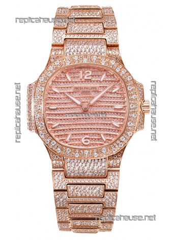 Patek Philippe Nautilus 7118R 35MM 1:1 Diamonds Paved Watch in Rose Gold Casing
