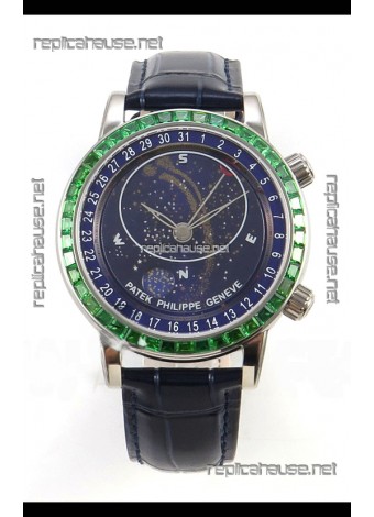 Patek Philippe Grand Complications 6102 Blue Dial Green Diamonds Swiss Replica Watch 