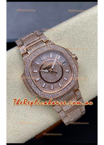 Patek Philippe Nautilus 7010 Diamonds Paved Rose Gold 32MM 1:1 Mirror Replica - Genuine Diamonds