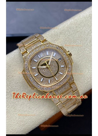 Patek Philippe Nautilus 7010 Diamonds Paved Yellow Gold 32MM 1:1 Mirror Replica - Genuine Diamonds