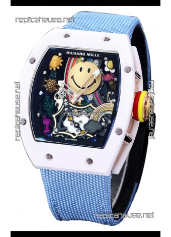 Richard Mille RM088 Smiley Tourbillon White Ceramic Casing Blue Nylon Strap Replica Watch 