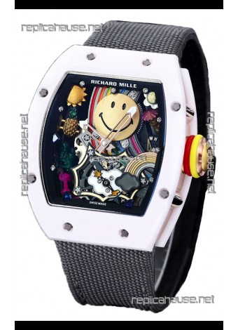 Richard Mille RM088 Smiley Tourbillon White Ceramic Casing Grey Nylon Strap Replica Watch 