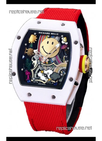 Richard Mille RM088 Smiley Tourbillon White Ceramic Casing Red Nylon Strap Replica Watch 