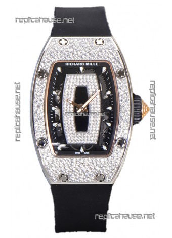 Richard Mille RM007 Diamonds Paved Black Dial 904L Steel Superclone Swiss Watch
