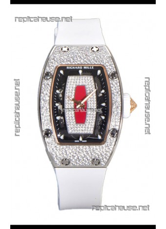 Richard Mille RM007 Diamonds Paved White Strap Red Dial 904L Steel Superclone Swiss Watch