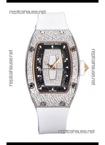 Richard Mille RM007 Diamonds Paved White Strap & Dial 904L Steel Superclone Swiss Watch