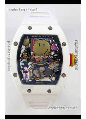 Richard Mille Super Clone RM088 Smiley Tourbillon White Ceramic Rubber Strap Watch 