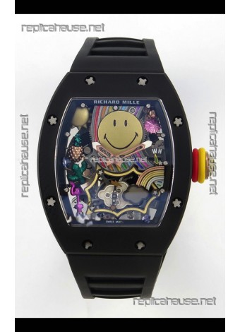 Richard Mille Super Clone RM088 Smiley Tourbillon Black Ceramic Rubber Strap Watch 