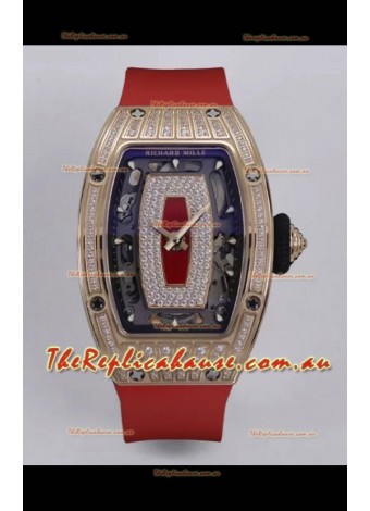 Richard Mille Super Clone RM07-01 Diamonds Paved 904L Rose Gold Casing Automatic Replica Watch